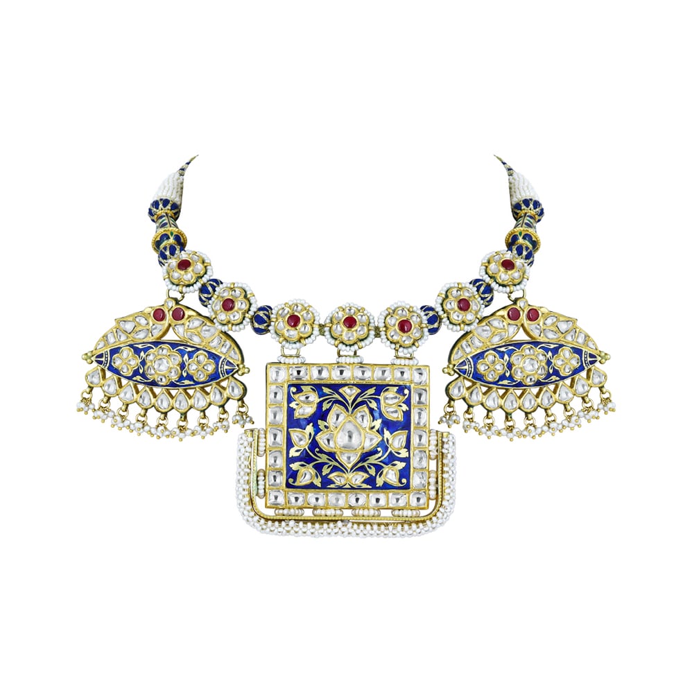 Blue Enamel Pankhi Polki Pendant Necklace